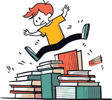 Boy jumping over a pile of books on white background. vector