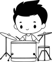 cute boy playing drum set on white background illustration graphic design vector