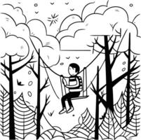illustration of a boy climbing on a rope in the forest. vector
