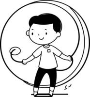 A boy standing in front of a round mirror. vector