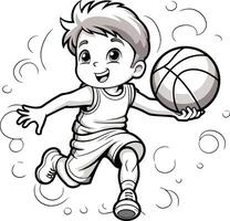 ilustración de un pequeño chico jugando baloncesto en un blanco antecedentes. vector