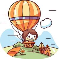 Cute cartoon girl flying on hot air balloon. vector