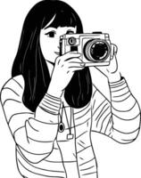 Young woman taking picture with vintage camera in sketch style. vector