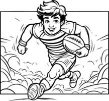 Black and White Cartoon Illustration of American Football Player Running with Ball in Hand for Coloring Book vector