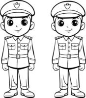 ilustración de un pequeño chico y niña en uniforme para colorante libro vector