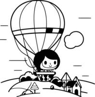 Cute cartoon girl flying on hot air balloon. vector