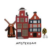 Beautiful vintage colored buildings of Amsterdam, travel poster, Amsterdam detailed monuments silhouette vector