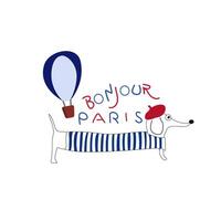 Illustration in French style, a dachshund dog in a red beret and a striped sweater, blue balloon and color inscription vector
