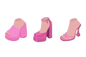 Flat pink women shoes set. Pink fashion high-heeled shoes. Glamorous shoes. Barbie style. fashion illustration vector