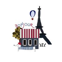 hermosa Clásico de colores edificios de París, viaje póster con perro tejonero perro, París detallado monumentos silueta, eiffel torre, linda perro en un rojo boina y un a rayas suéter vector