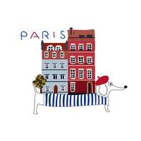 hermosa Clásico de colores edificios de París, viaje póster con perro tejonero perro, París detallado monumentos silueta, eiffel torre, linda perro en un rojo boina y un a rayas suéter vector