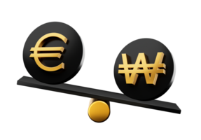 3d Golden Euro And Won Symbol On Rounded Black Icons With 3d Balance Weight Seesaw 3d illustration png