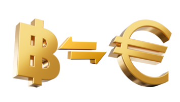 3d gouden baht en euro symbool pictogrammen met geld uitwisseling pijlen, 3d illustratie png