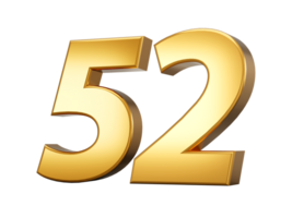 Golden metallic Number 52 Fifty two, 3d illustration png