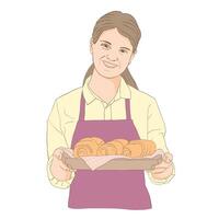 A girl in an apron is cooking. Kitchen utensils. Homemade food. vector