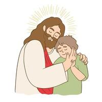 Jesús dando un abrazo a un niño vector