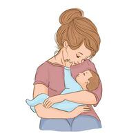 Young mother holds a cute baby in her arms. Happy mothers day. vector