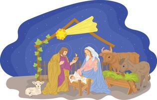 santo familia, Jesús, María y Joseph, con ángel en Navidad natividad escena vector