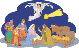 Holy Family, Jesus, Mary and Joseph, with Angel in Christmas Nativity Scene vector