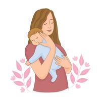 Young mother holds a cute baby in her arms. Happy mothers day. vector