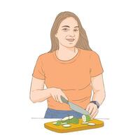 A girl in an apron is cooking. Kitchen utensils. Homemade food. vector