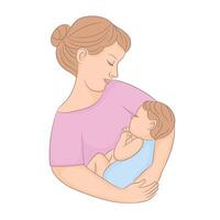Young mother holds a cute baby in her arms. Happy mothers day. vector