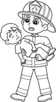 Firefighter Saving the Kid Isolated Coloring Page vector