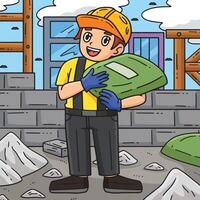 Construction Worker Hauling Cement Colored Cartoon vector