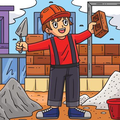 Construction Mason Holding Brick Colored Cartoon