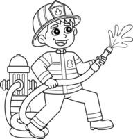 Firefighter with a Fire Hydrant Isolated Coloring vector