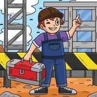 construcción trabajador con un caja de herramientas de colores dibujos animados vector