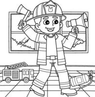Firefighter Boy Coloring Page for Kids vector
