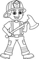 Firefighter Holding an Axe Isolated Coloring Page vector