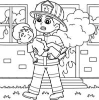 Firefighter Saving the Kid Coloring Page for Kids vector