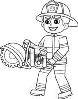 Firefighter Holding a Rescue Saw Isolated Coloring vector