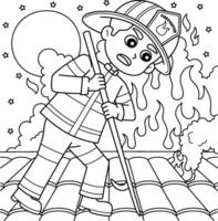 Firefighter Poking Roof Coloring Page for Kids vector