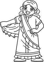 Diwali Child with a Saree Isolated Coloring Page vector