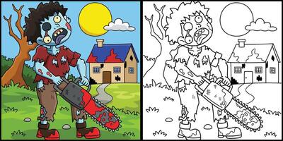 Zombie with Chainsaw Coloring Page Illustration vector