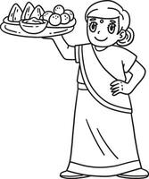 Diwali Mom Carrying Food Isolated Coloring Page vector