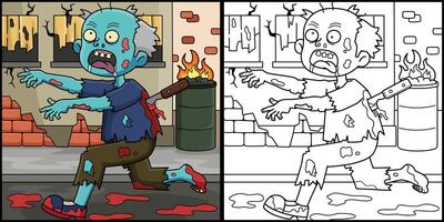 Running Zombie Coloring Page Colored Illustration vector