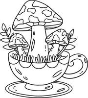 Mushrooms Sprouting from Teacup Isolated Coloring vector