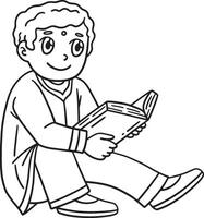 diwali chico leyendo un libro aislado colorante página vector