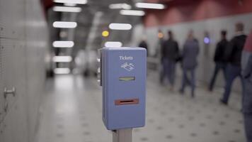 Ticket validator for public transport in blue color on background walking passengers in subway in Munich, Germany. Public transportation ticket stamp machine in metro station in Munchen, Deuschland. video