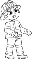 Firefighter Kid Standing Isolated Coloring Page vector