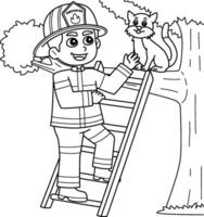 Firefighter Saving a Cat Isolated Coloring Page vector