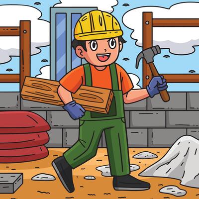 Construction Worker with Wood and Hammer Colored