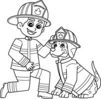 bombero chico y bombero perro aislado vector