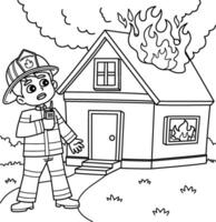 Firefighter with a Burning House Coloring Page vector