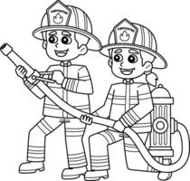 Firefighters with a Fire Hydrant Isolated Coloring vector