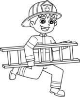 Firefighter Holding Ladder Isolated Coloring Page vector